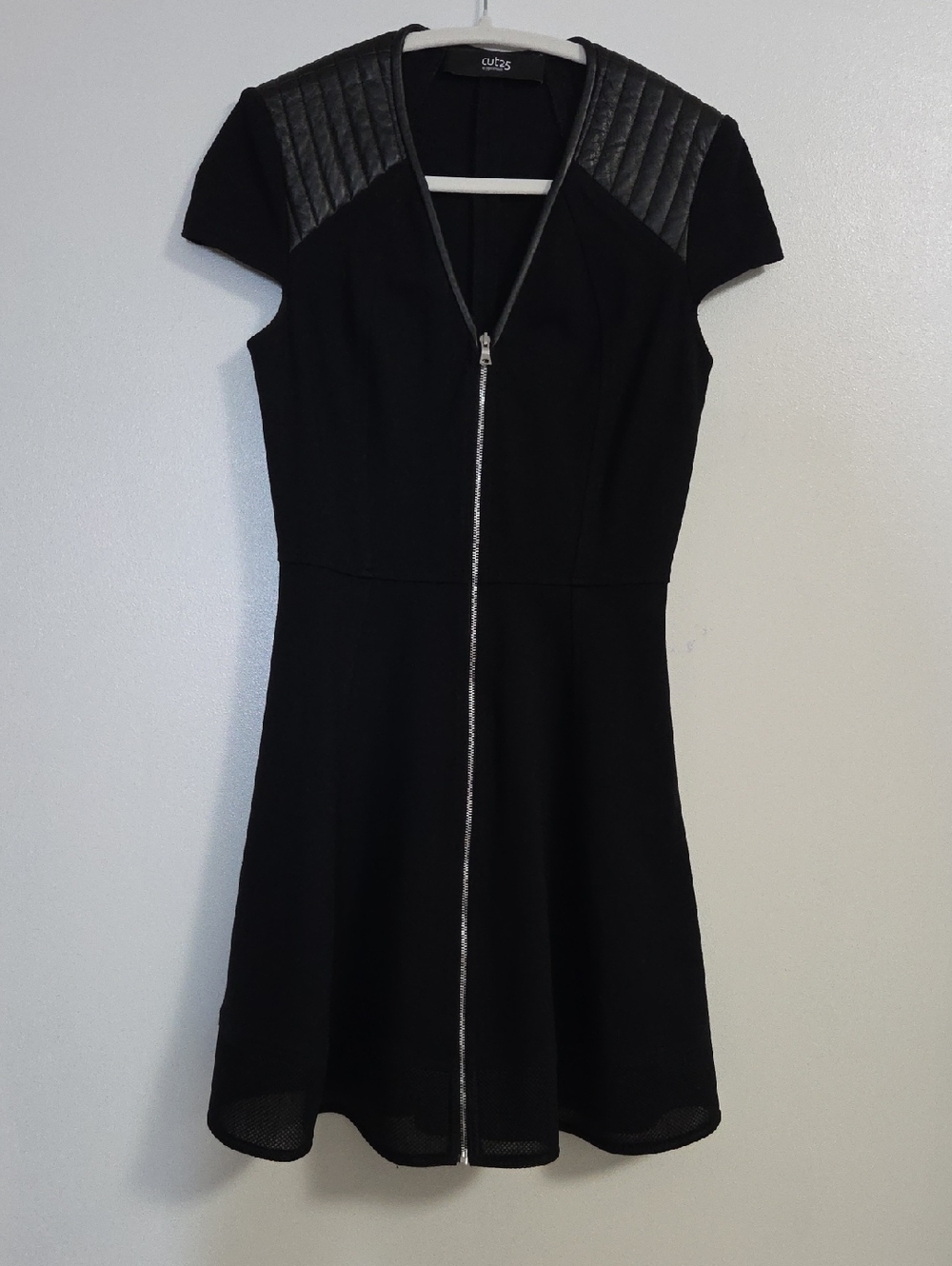 Cut25 by Yigal Azrouel Black Zipper Front Dress with Leather Shoulders And Mesh